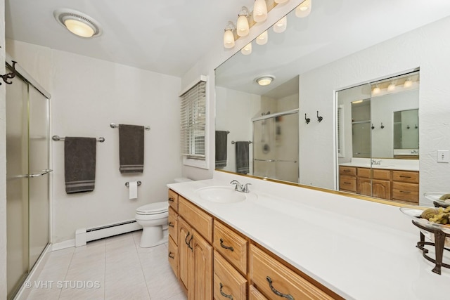 235 Valley Rd, Trout Valley, IL 60013 - full bathroom featuring baseboard heating, a stall shower, vanity, and tile patterned floors