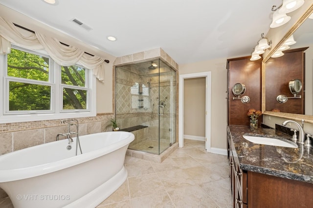 235 Valley Rd, Trout Valley, IL 60013 - full bath featuring a freestanding tub, vanity, a shower stall, and tile patterned floors
