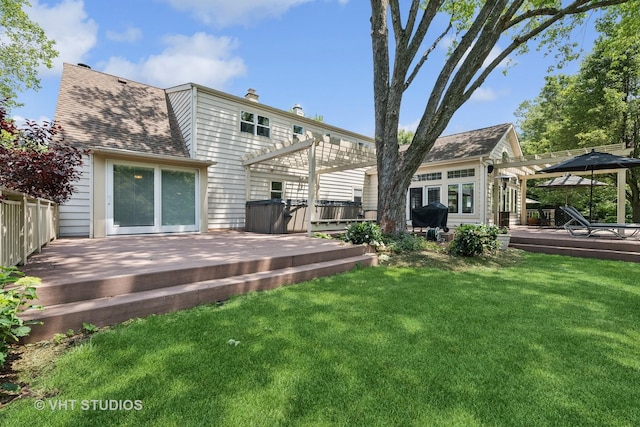 235 Valley Rd, Trout Valley, IL 60013 - rear view of property featuring a pergola, a deck, a hot tub, a chimney, and roof with shingles