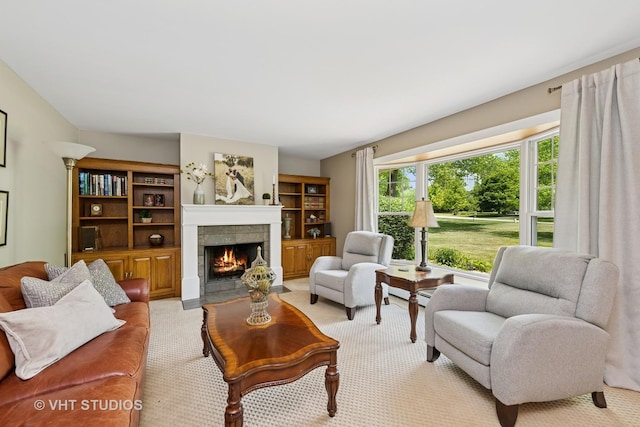 235 Valley Rd, Trout Valley, IL 60013 - living area featuring light carpet and a tile fireplace