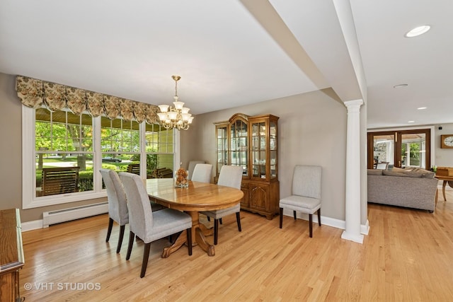235 Valley Rd, Trout Valley, IL 60013 - dining area with baseboard heating, ornate columns, a chandelier, light wood-type flooring, and recessed lighting