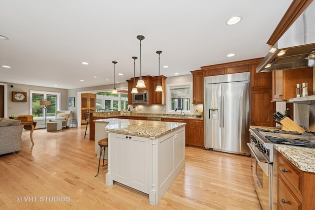 235 Valley Rd, Trout Valley, IL 60013 - kitchen with stainless steel appliances, brown cabinetry, open floor plan, and recessed lighting