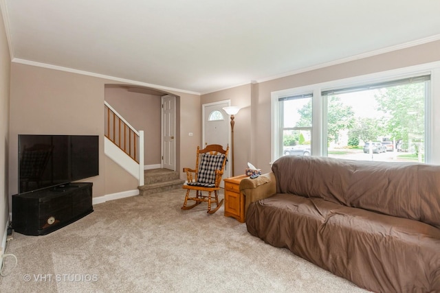 636 S 10th Ave, La Grange, IL 60525 - living room with crown molding, light carpet, stairway, and arched walkways