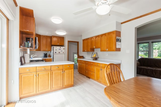 636 S 10th Ave, La Grange, IL 60525 - kitchen with freestanding refrigerator, light countertops, light wood-style floors, and arched walkways