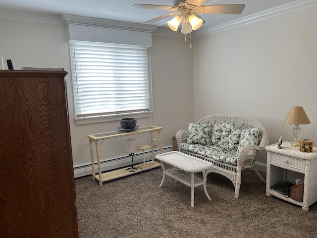 704 Kiwanis Dr Unit 1, Freeport, IL 61032 - sitting room featuring carpet, crown molding, a baseboard radiator, and a ceiling fan