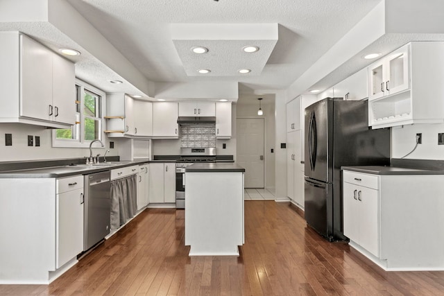 4293 W Rockton Rd, Rockton, IL 61072 - kitchen with appliances with stainless steel finishes, open shelves, under cabinet range hood, white cabinets, and dark wood finished floors