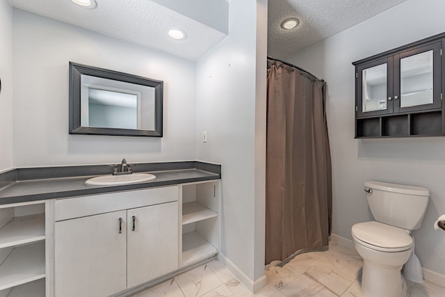 4293 W Rockton Rd, Rockton, IL 61072 - bathroom featuring marble look tiles, a textured ceiling, vanity, and a shower with curtain