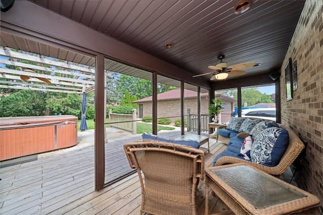 8950 S 84th Ave, Hickory Hills, IL 60457 - wooden terrace featuring a hot tub, an outdoor living space, and a ceiling fan