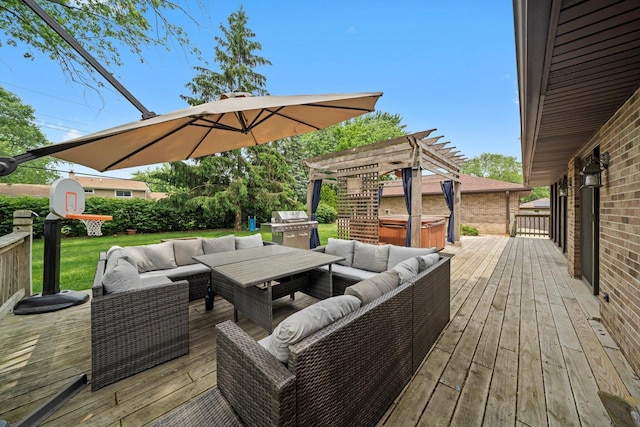 8950 S 84th Ave, Hickory Hills, IL 60457 - wooden deck with an outdoor living space, a pergola, a hot tub, a grill, and a storage shed