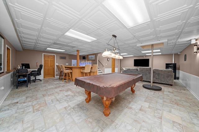 8950 S 84th Ave, Hickory Hills, IL 60457 - game room featuring pool table, bar area, an ornate ceiling, an office area, and light stone finish floors
