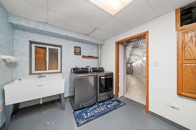 8950 S 84th Ave, Hickory Hills, IL 60457 - laundry room with washer and clothes dryer and wallpapered walls