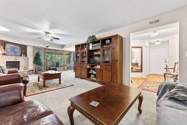 720 Saint Andrews Ln Unit 6, Crystal Lake, IL 60014 - living area with a ceiling fan and a brick fireplace