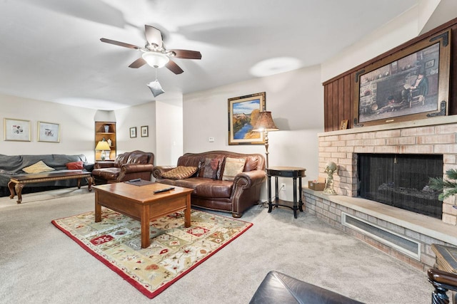 720 Saint Andrews Ln Unit 6, Crystal Lake, IL 60014 - living area featuring carpet floors, a ceiling fan, and a brick fireplace