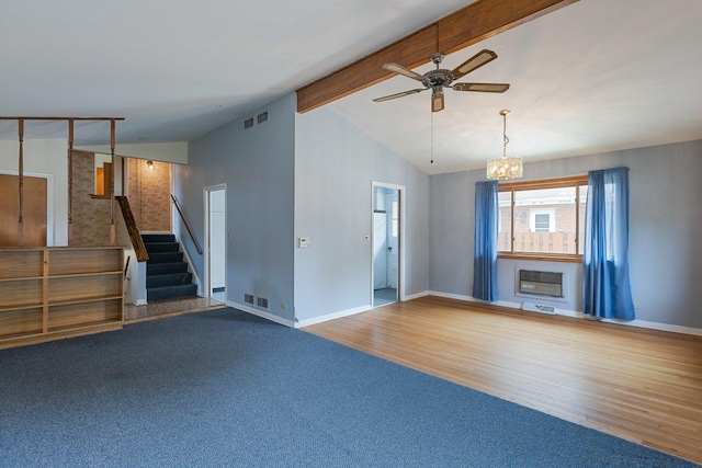 8429 Mason Ave, Morton Grove, IL 60053 - unfurnished living room with ceiling fan, stairway, a chandelier, wood finished floors, and carpet flooring