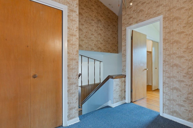 8429 Mason Ave, Morton Grove, IL 60053 - staircase featuring carpet and wallpapered walls