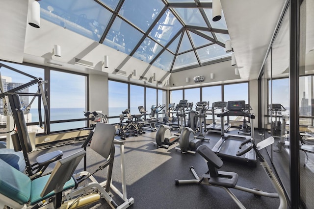 360 E Randolph St Unit 3305, Chicago, IL 60601 - exercise room with a water view, floor to ceiling windows, and a towering ceiling