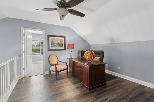 1519 Parkside Dr, Plainfield, IL 60586 - office area featuring vaulted ceiling, a ceiling fan, and dark wood-style floors
