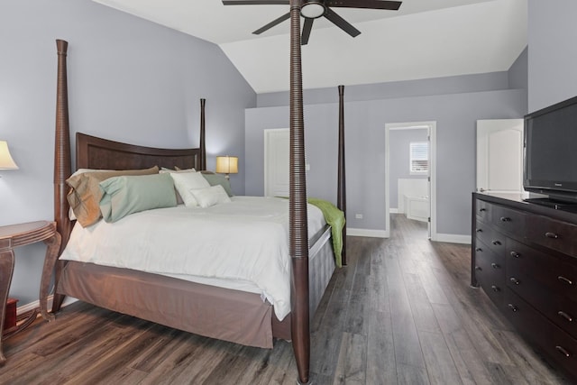 1519 Parkside Dr, Plainfield, IL 60586 - bedroom featuring dark wood-style floors, lofted ceiling, and a ceiling fan