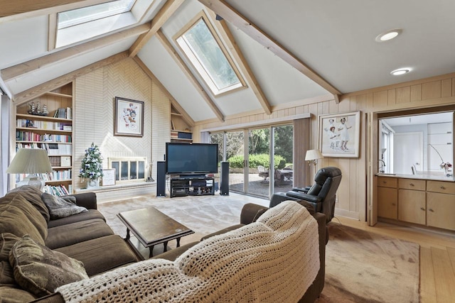 937 Braeburn Rd, Inverness, IL 60067 - living area with a skylight, built in features, light wood-style flooring, and wooden walls
