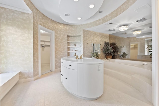 937 Braeburn Rd, Inverness, IL 60067 - full bath with vanity, a walk in closet, wallpapered walls, tile patterned flooring, and a tub