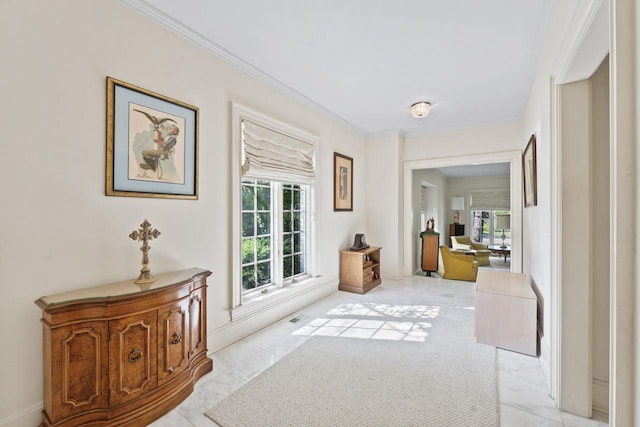 937 Braeburn Rd, Inverness, IL 60067 - corridor featuring light marble finish floors, plenty of natural light, ornamental molding, and a desk