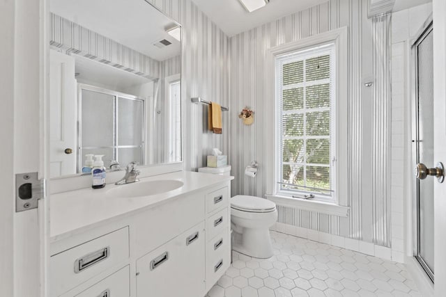937 Braeburn Rd, Inverness, IL 60067 - bathroom featuring tile patterned floors, a stall shower, vanity, and wallpapered walls