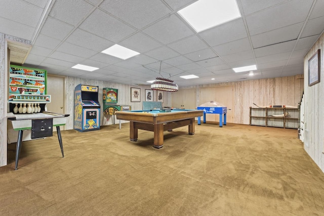 937 Braeburn Rd, Inverness, IL 60067 - rec room featuring carpet flooring, billiards, a paneled ceiling, and wooden walls