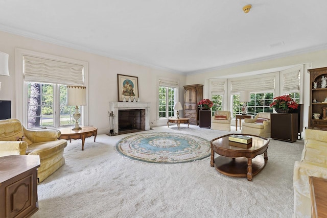 937 Braeburn Rd, Inverness, IL 60067 - carpeted living area with ornamental molding and a high end fireplace