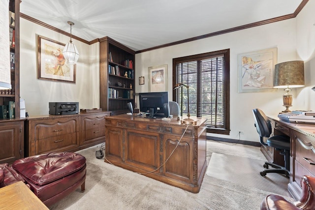 937 Braeburn Rd, Inverness, IL 60067 - home office featuring crown molding, built in features, and light colored carpet