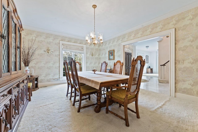 937 Braeburn Rd, Inverness, IL 60067 - dining room with carpet flooring, ornamental molding, wallpapered walls, and a chandelier