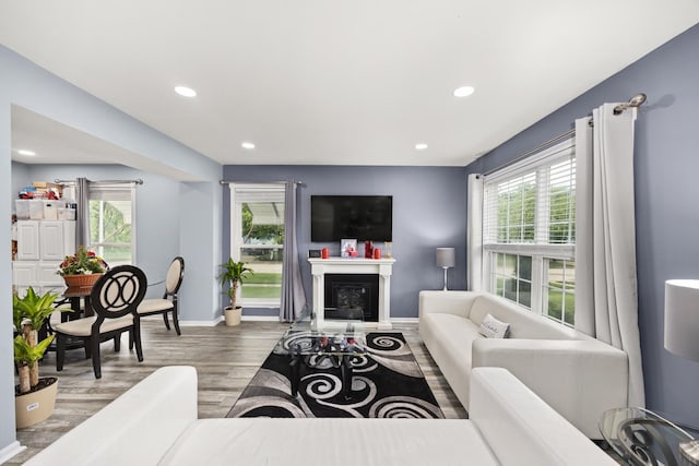 2853 Forestview Dr, Carpentersville, IL 60110 - living area featuring wood finished floors, healthy amount of natural light, recessed lighting, and a glass covered fireplace