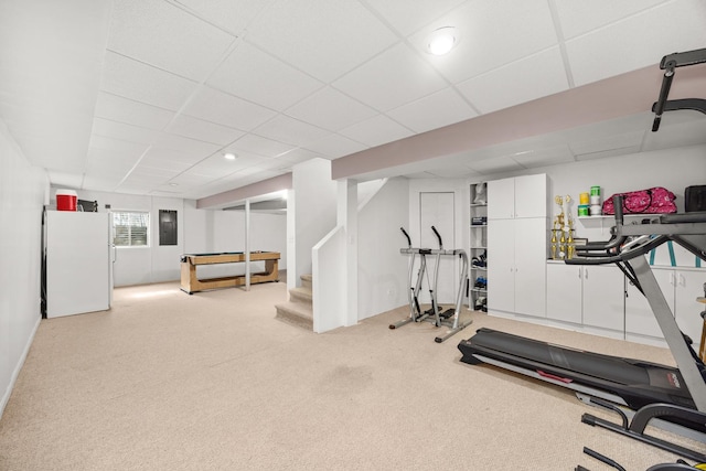 2853 Forestview Dr, Carpentersville, IL 60110 - workout room featuring a drop ceiling, electric panel, carpet flooring, and recessed lighting