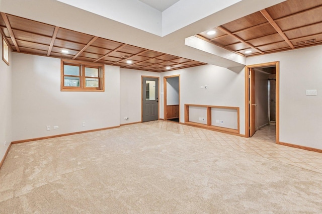 18229 Riegel Rd, Homewood, IL 60430 - below grade area with wooden ceiling, light carpet, and recessed lighting