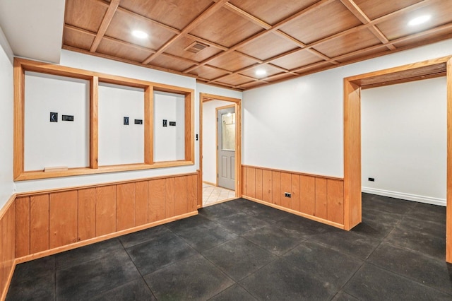 18229 Riegel Rd, Homewood, IL 60430 - spare room featuring a wainscoted wall, wooden ceiling, wooden walls, and recessed lighting