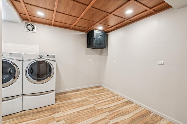 18229 Riegel Rd, Homewood, IL 60430 - laundry room featuring wood ceiling, washing machine and dryer, light wood-type flooring, and recessed lighting