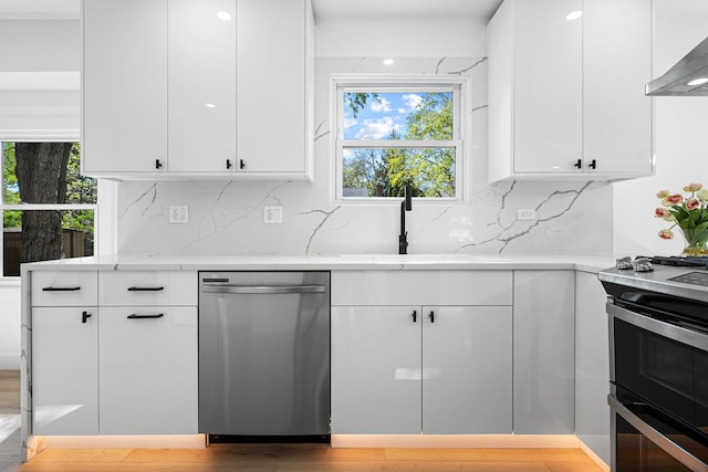 4532 Waubansie Ln, Lisle, IL 60532 - kitchen featuring appliances with stainless steel finishes, white cabinetry, exhaust hood, and decorative backsplash