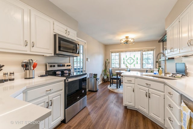 7930 W Lakeview Ct Unit 2A, Palos Heights, IL 60463 - kitchen with stainless steel appliances, white cabinetry, dark wood finished floors, light countertops, and a chandelier