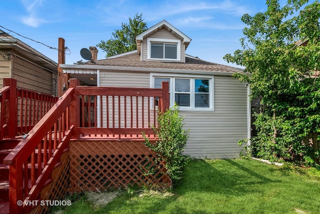 5155 W George St, Chicago, IL 60641 - back of property featuring a deck, a yard, roof with shingles, and stairway