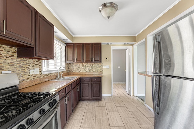 431 Lakewood Blvd, Park Forest, IL 60466 - kitchen featuring stainless steel appliances, decorative backsplash, dark brown cabinets, ornamental molding, and light countertops