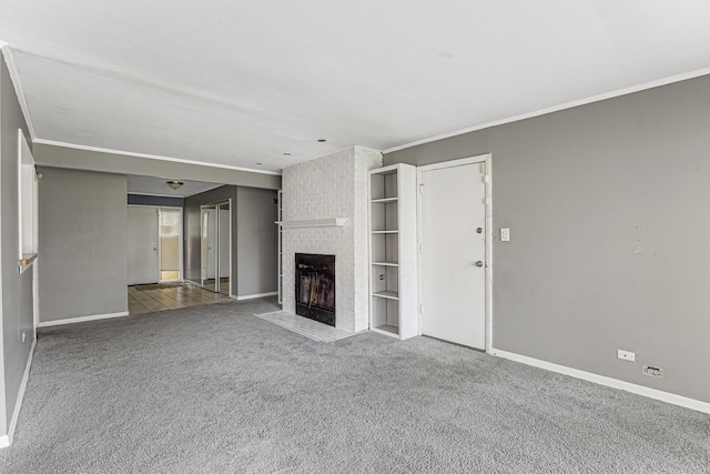 431 Lakewood Blvd, Park Forest, IL 60466 - unfurnished living room with carpet floors, a fireplace, and ornamental molding