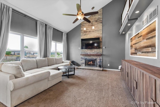 911 Water Stone Way, Malta, IL 60150 - carpeted living room featuring high vaulted ceiling, a ceiling fan, a fireplace, and recessed lighting