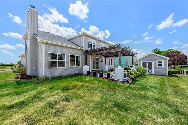 911 Water Stone Way, Malta, IL 60150 - rear view of property with a pergola, a shed, a lawn, and a chimney