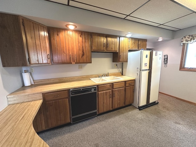 506 E Lincoln St, Saybrook, IL 61770 - kitchen with black dishwasher, light countertops, freestanding refrigerator, carpet, and a drop ceiling