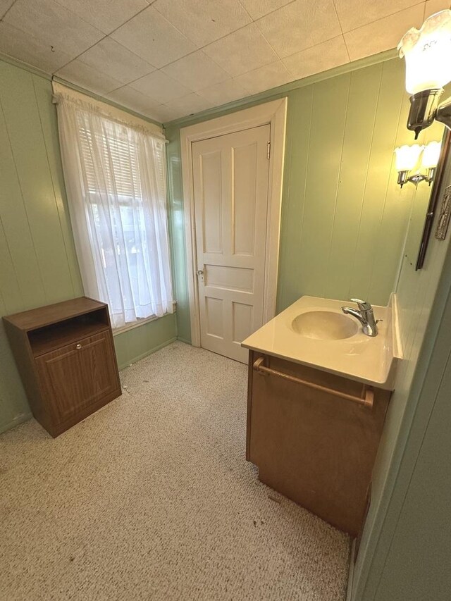 506 E Lincoln St, Saybrook, IL 61770 - bathroom featuring vanity, carpet, and a decorative wall