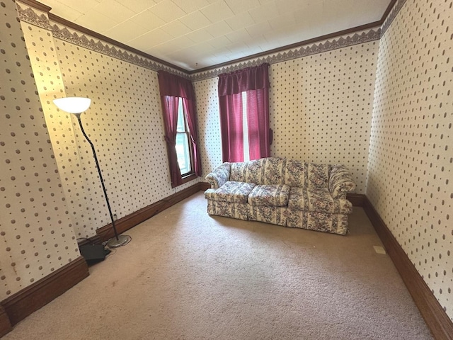 506 E Lincoln St, Saybrook, IL 61770 - carpeted living room featuring crown molding and wallpapered walls