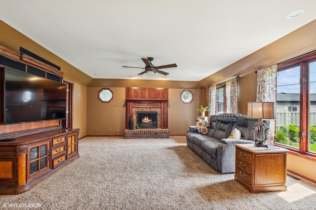 9228 S 55th Ct, Oak Lawn, IL 60453 - carpeted living room with a ceiling fan and a brick fireplace