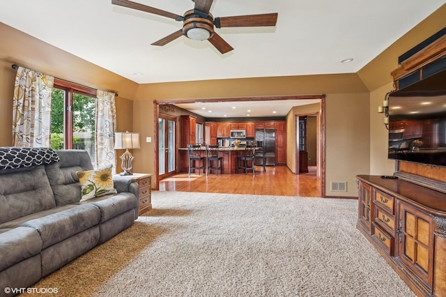 9228 S 55th Ct, Oak Lawn, IL 60453 - living area featuring light colored carpet, ceiling fan, and recessed lighting