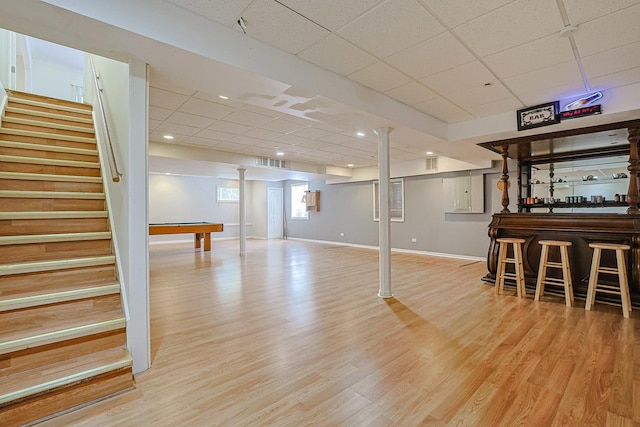 200 Ahmed Ct, Glendale Heights, IL 60139 - basement with stairs, a paneled ceiling, a dry bar, wood finished floors, and billiards