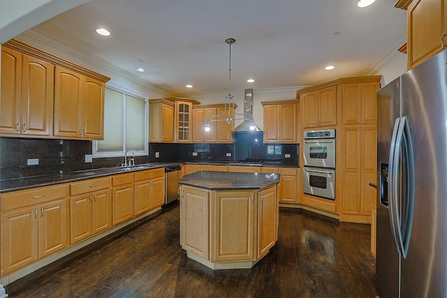 200 Ahmed Ct, Glendale Heights, IL 60139 - kitchen featuring appliances with stainless steel finishes, wall chimney exhaust hood, crown molding, dark wood finished floors, and decorative backsplash