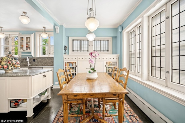 1116 W N Shore Ave Unit 2, Chicago, IL 60626 - dining space with a baseboard radiator, crown molding, and dark wood finished floors